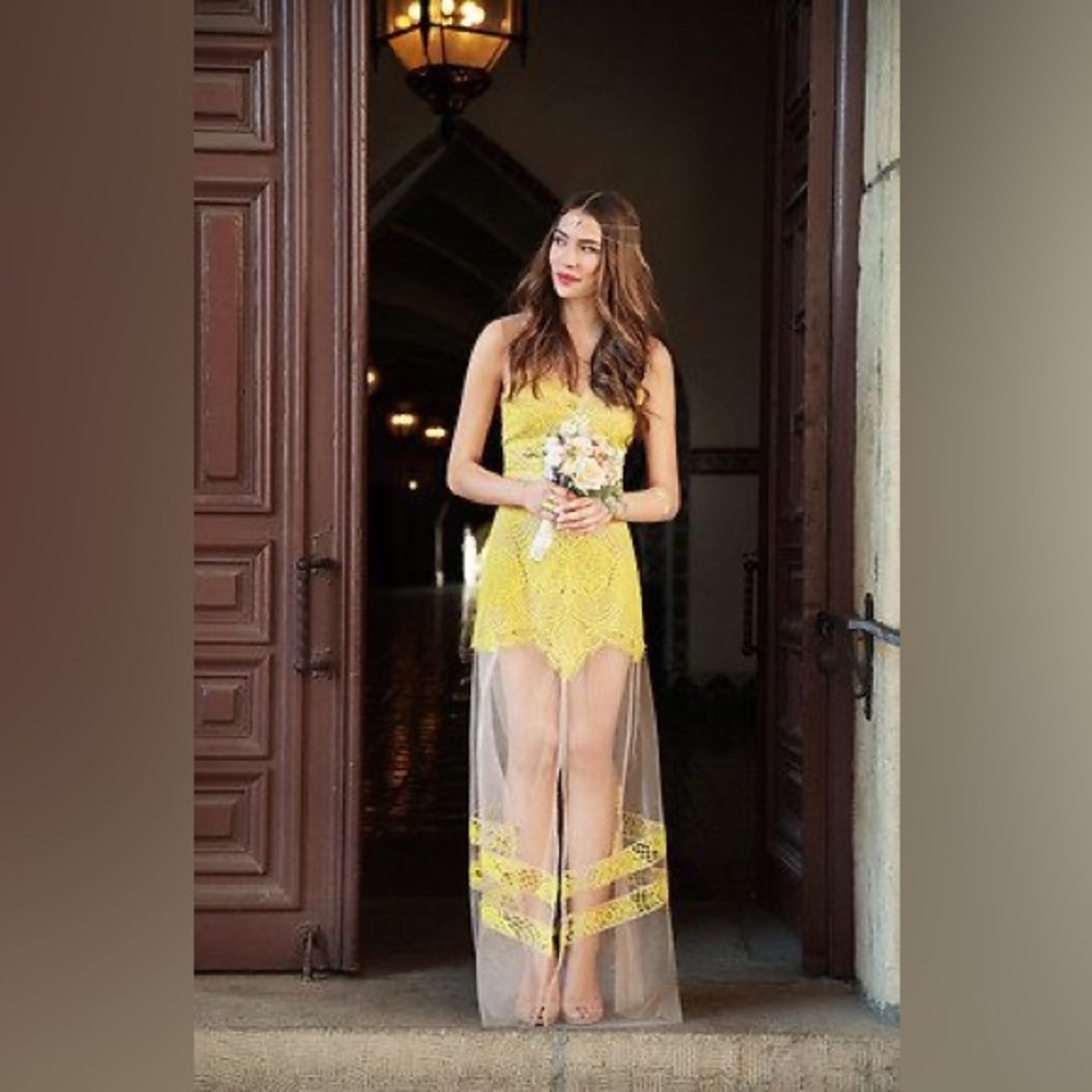 For Love and Lemons Yellow Antigua Maxi Sheer Hem Dress size Small - Picture 3 of 9